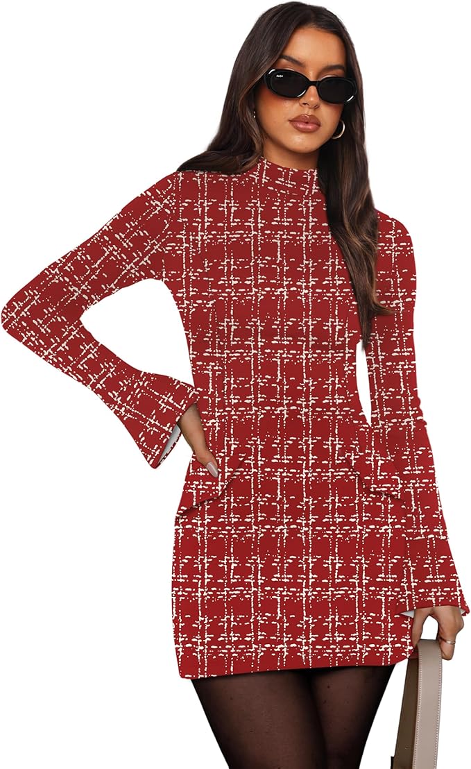 OFEEFAN Women's Fall Long Sleeve Mock Neck Dress Basic Party Club Bodycon Mini Dresses