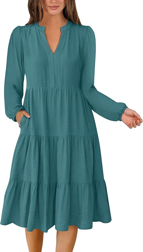 ANRABESS Womens Fall Midi Dresses Long Sleeve V Neck Swing Tiered Work Business Casual 2026 Flowy Beach Vacation Dress