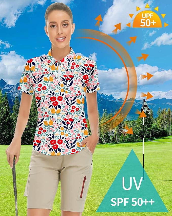 Women's Golf Shirt Short Sleeve Tennis Shirt Quarter Zip Golf Pullover Golf Polo Shirts Argyle Tops