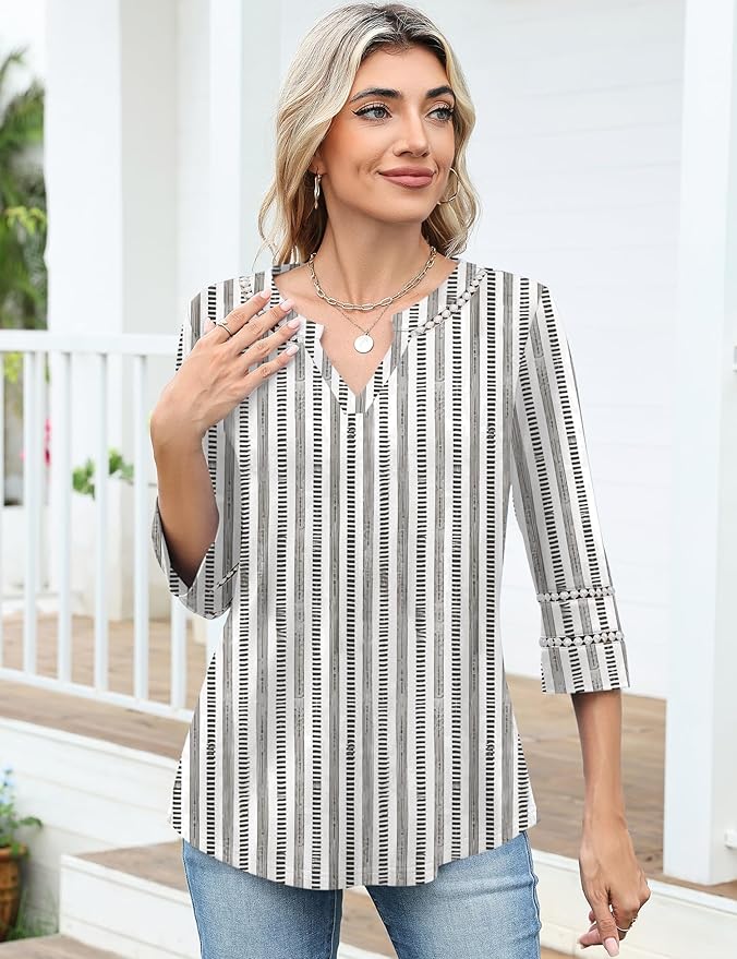 Ivicoer 3/4 Length Sleeve Womens Tops V Neck Lace Embroidered Summer Blouses Loose Fit Tunic Dressy Casual