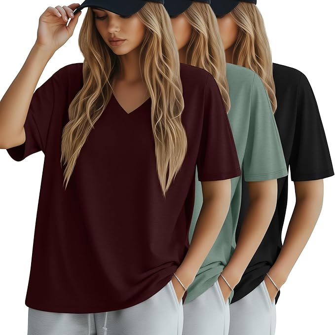 Huukeay Women's Cotton Oversized T Shirts 3 Pack V Neck Loose Fit Half Sleeve Tops Baggy Casual Summer Gym Workout Tees 2026