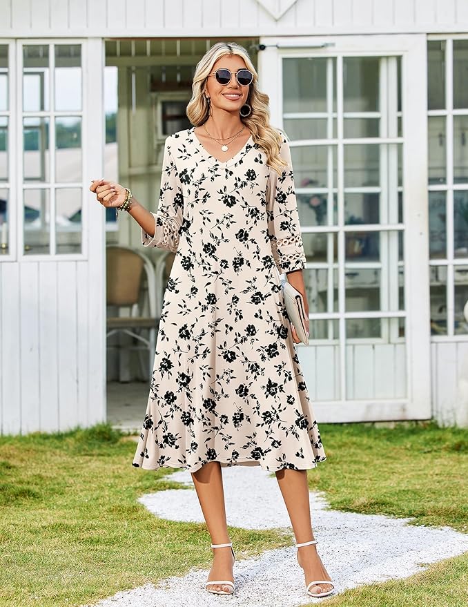 Zeagoo Women's Dresses 3/4 Sleeve Summer Casual V-Neck A Line Flowy Eyelet Midi Dress for Women Beach Vacation Sundress