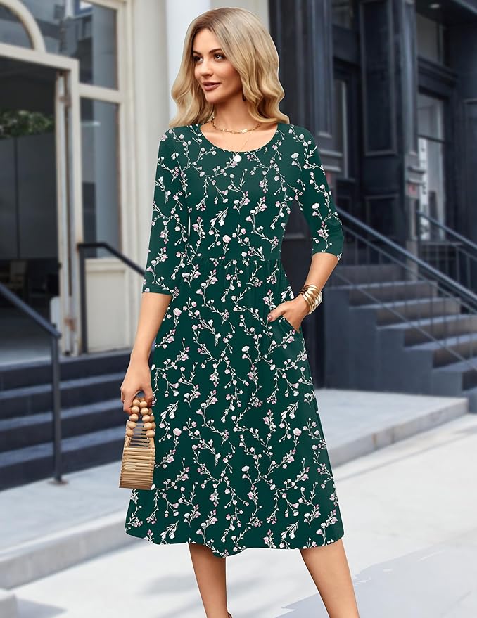 Zeagoo 3/4 Sleeve Women's Dress Casual Flowy A-Line Midi Tshirt Dresses with Pockets Crewneck Vocation Boho Beach Sundress