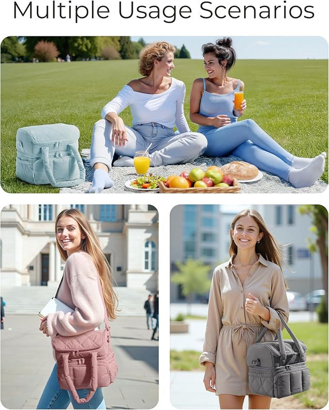 BAGSMART Lunch Bag Women, Double Deck Insulated Lunch Box, Quilted Puffer Lunch Tote, Leakproof, Durable & Reusable Large Lunch Cooler For Work Picnic Travel Meal Prep, Dark Pink