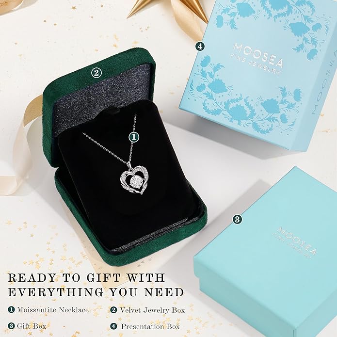 MOOSEA Valentines Day Gifts for Her, 1-3 Carat D Color VVS1 Clarity Moissanite Heart Pendant Necklaces Anniversary Birthday Gifts for Wife Mom Daughter 925 Sterling Silver Necklace