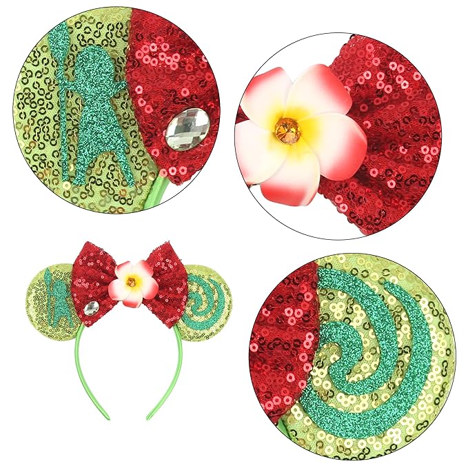 zhezesmila Mouse Ears Headband Princess Sequin Ears Headband Party Costume Hair Accessories with Glitter Green Bow Headwear Decoration for Women