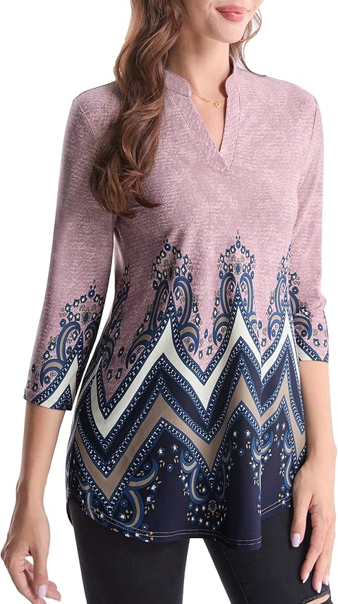 BAISHENGGT 3/4 Sleeve Tops for Women Notch V Neck Floral Work Blouses Dressy Casual Loose Fit Going Out Tunic Tops