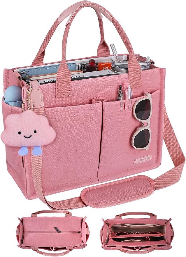 BESBESME Canvas Tote Bag for Women with Zipper & Compartments– Large Work & College Laptop Tote Crossbody Shoulder Bag