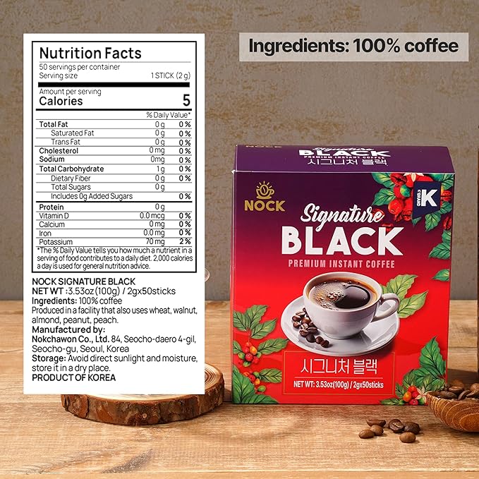 [Nokchawon] Signature Black Instant Coffee Sticks, Premium Korean Dark Roast, Sugar Free & Zero Calorie for Daily Focus, Hot or Iced, 50 Count