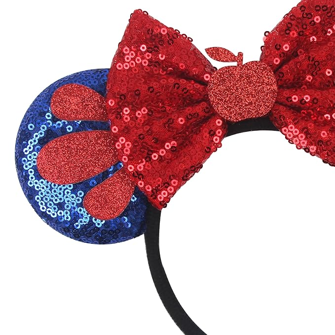 zhezesmila Mouse Ears Headbands Snow White, Princess Headbands Cospaly with Red Star Blue Sequin Bow, Hairs Accessories for Women Adult Birthday Party