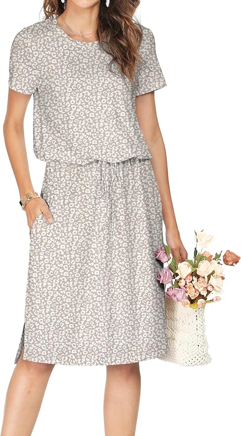 Simier Fariry Womens Spring Hide Belly Knee Length Travel Dress Pocket Summer Short Sleeve Midi Work Casual Outfits