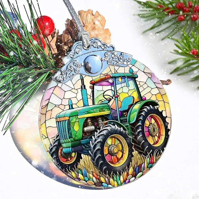 Jocidea Christmas Ornament, Tractor Christmas Decor, Tractor Ornaments for Christmas Tree, Stained Glass Ornament, Tractor Gifts, Holiday Decorations and Xmas Gifts Ideas