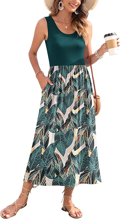 WNEEDU Women's Summer Maxi Dress 2026 Casual Sleeveless Hawaiian Sundress Tropical Long Dress Beach Vacation Outfit