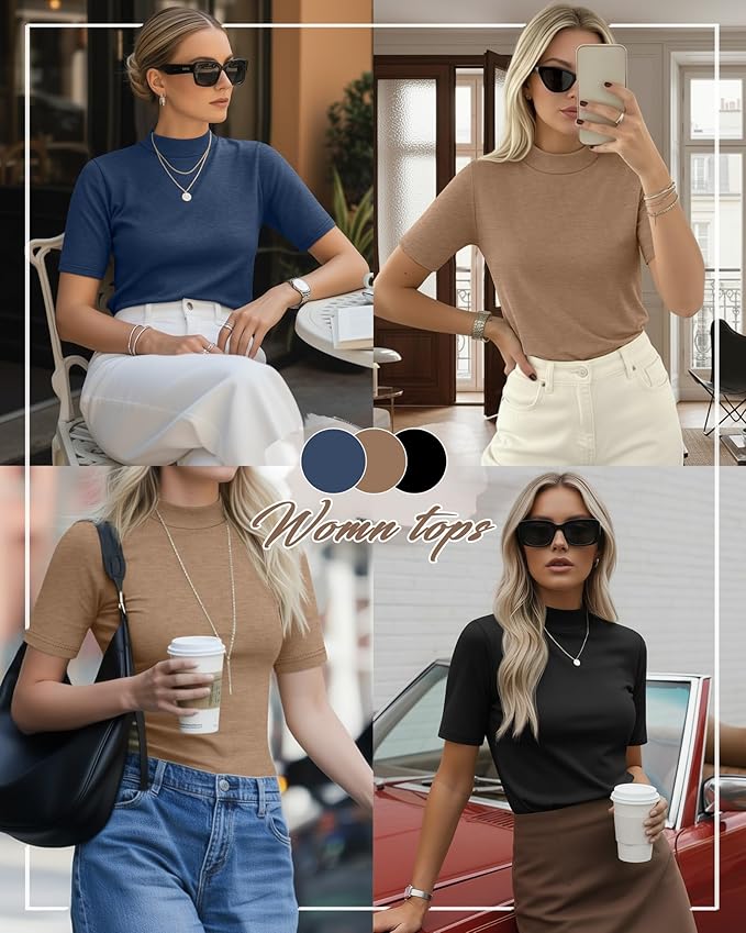 Ficerd 3 Pack Women's 1/2 Sleeve Mock Turtleneck Shirts, Elbow Length Shirt Half Sleeve Tunic Top Casual Summer Basic Tees