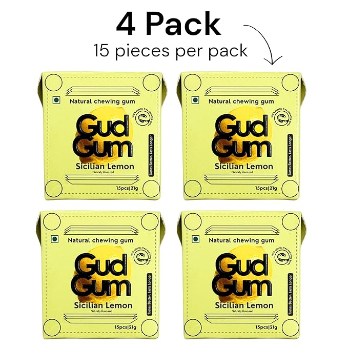 GUDGUM Natural & Sugar-Free Chewing Gum – Plastic-Free, Biodegradable, Vegan (Pack of 4, Lemon)