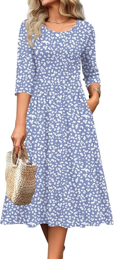 Zeagoo 3/4 Sleeve Women's Dress Casual Flowy A-Line Midi Tshirt Dresses with Pockets Crewneck Vocation Boho Beach Sundress