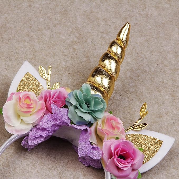Nishine Unicorn Horn Floral Headband Glitter Ears Pony Head Bands Tiara for Girls Party Birthday Cosplay