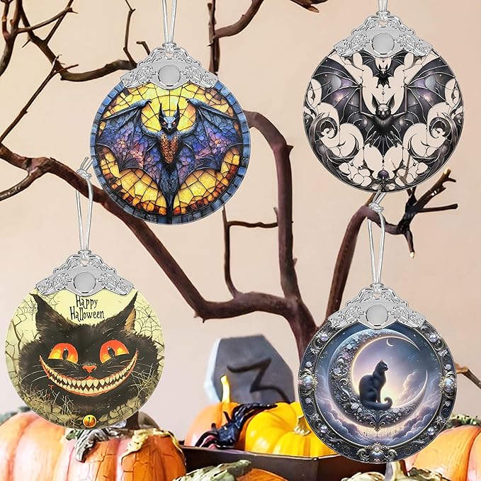 Christmas Ornaments, 3" Stained Glass Christmas Decor, Ornaments for Christmas Tree, Christmas Tree Decorations, Perfect for Holiday Party, Window, Christmas Tree, Home Decor - Witch Black Cat