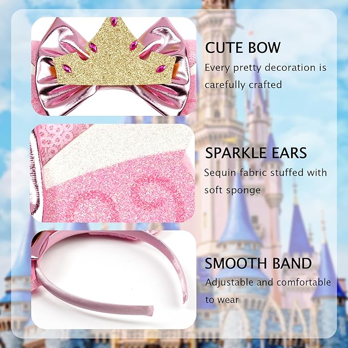 zhezesmila Mouse Ears Headband with Shiny Sequins with Bow & Crown Princess Ears Headband for Women Party Costume Trip Essentials