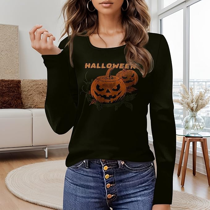 domirica Halloween Sweatshirts For Women Cute Pullover Fall Long Sleeve Pullover U-Neck Halloween Crazy Party Club Clothes