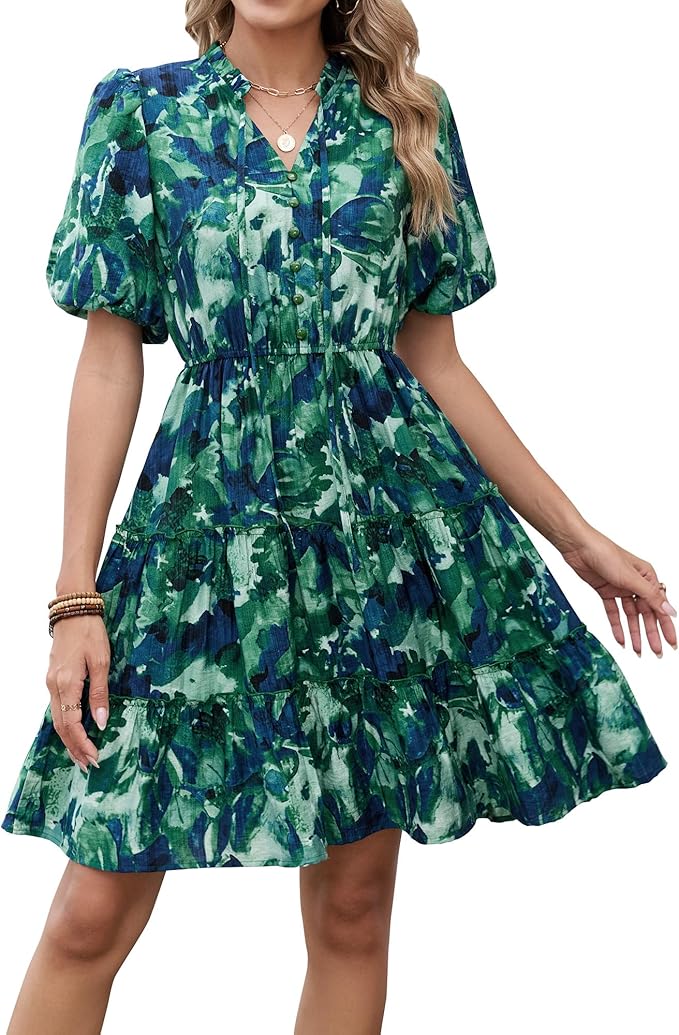 BTFBM Women Summer Floral Short Dresses V Neck Short Sleeve Tiered Ruffle Boho Swing Dress A-Line Mini Dresses