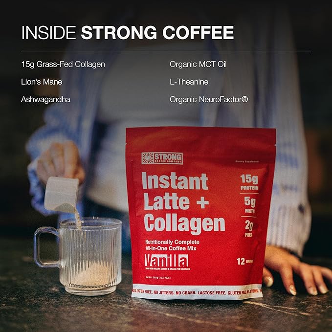 Strong Coffee Co. Vanilla Instant Latte | Organic Coffee with 15g Collagen Protein | Lion’s Mane & L-Theanine | Nootropic Instant Coffee | 12 Serving