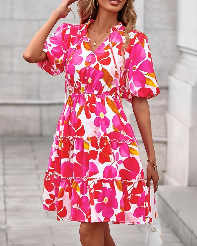 BTFBM Women Summer Floral Short Dresses V Neck Short Sleeve Tiered Ruffle Boho Swing Dress A-Line Mini Dresses