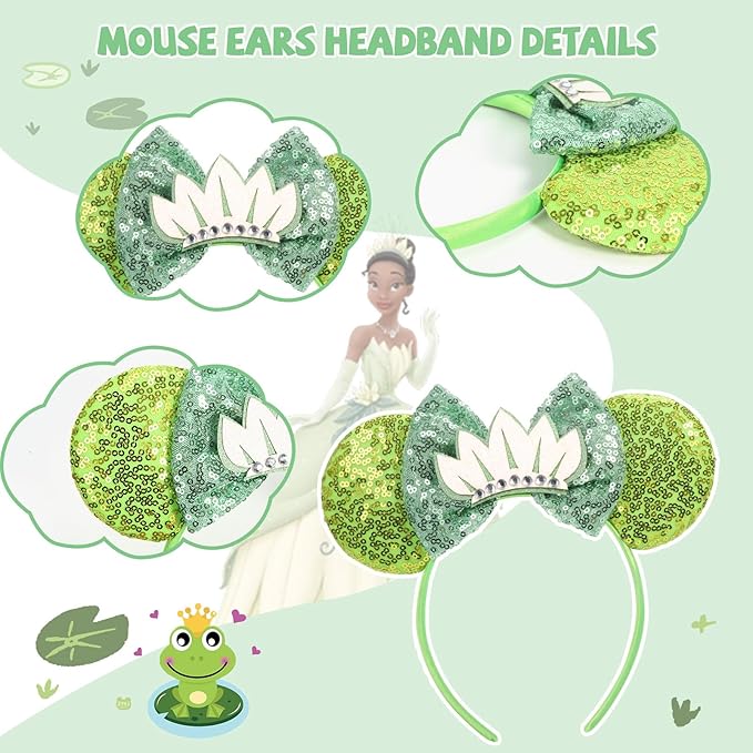 ETLUK Mouse Ears Headband, Green Sequin Princess Crown Headband for Adult Women Girls, Parks Ears for Cosplay Accessories Party Decorations