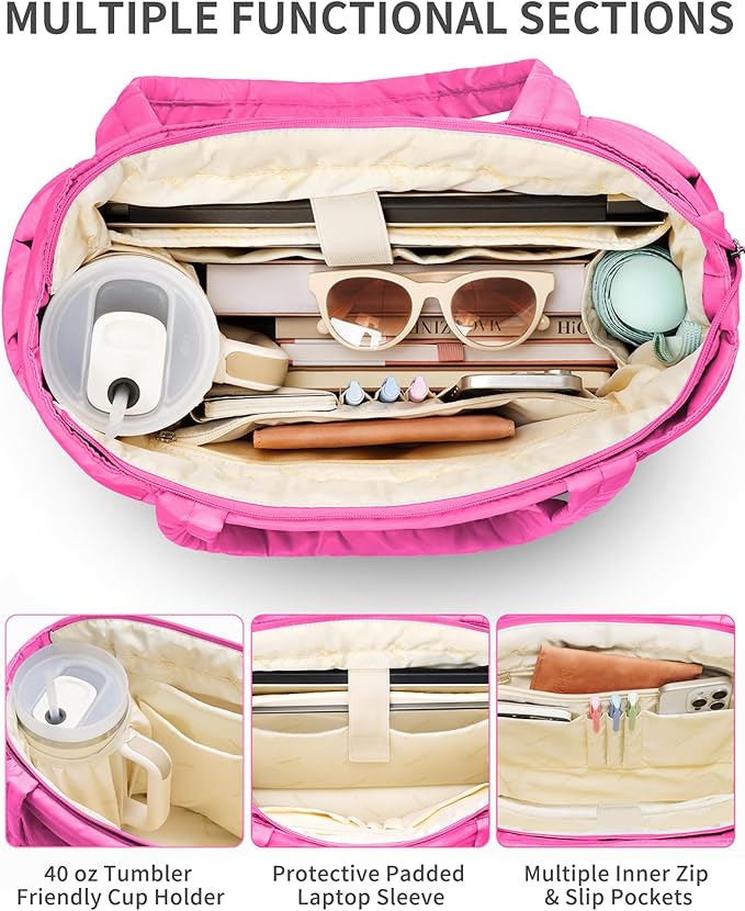 Puffer Tote Bag for Women, Lightweight Puffy Work Handbag Teacher Nurse Quilted Shoulder Bag for School Travel Gym | Quilted, with Zipper, Daily Carry On Bags, Comfy College Bags, 15.6" Laptop Sleeve, Cup Holder Pocket, Portable, Spacious