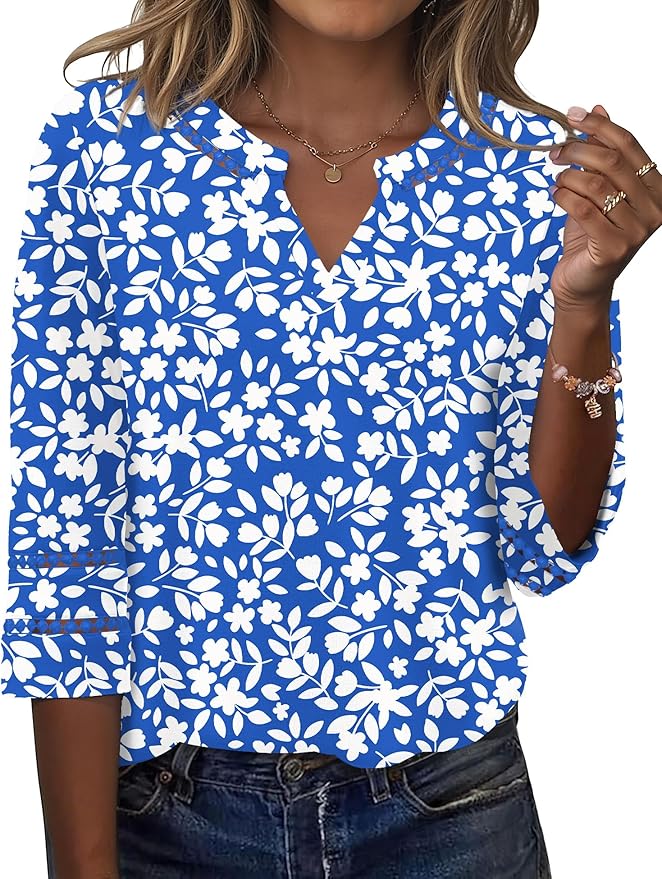 Ivicoer 3/4 Length Sleeve Womens Tops V Neck Lace Embroidered Summer Blouses Loose Fit Tunic Dressy Casual