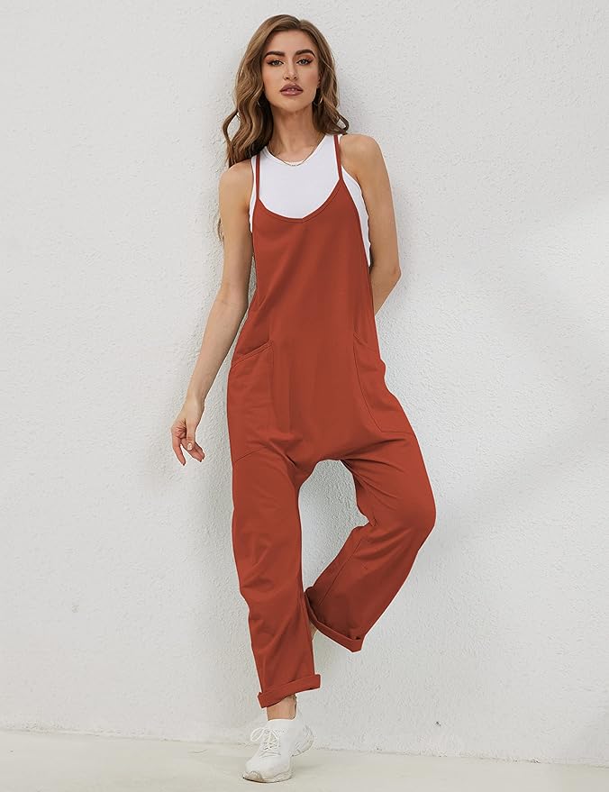 Lentta Women's Causal Jumpsuits V Neck Sleeveless Harem Overalls Stretchy Adjustable Strap Romper with Pockets