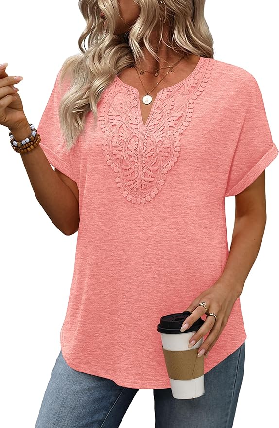 Sipaya Womens Blouses Dressy Casual Summer Shirts Short Sleeve Lace Front Boho Tunic Tops for Leggings Fashion Clothes