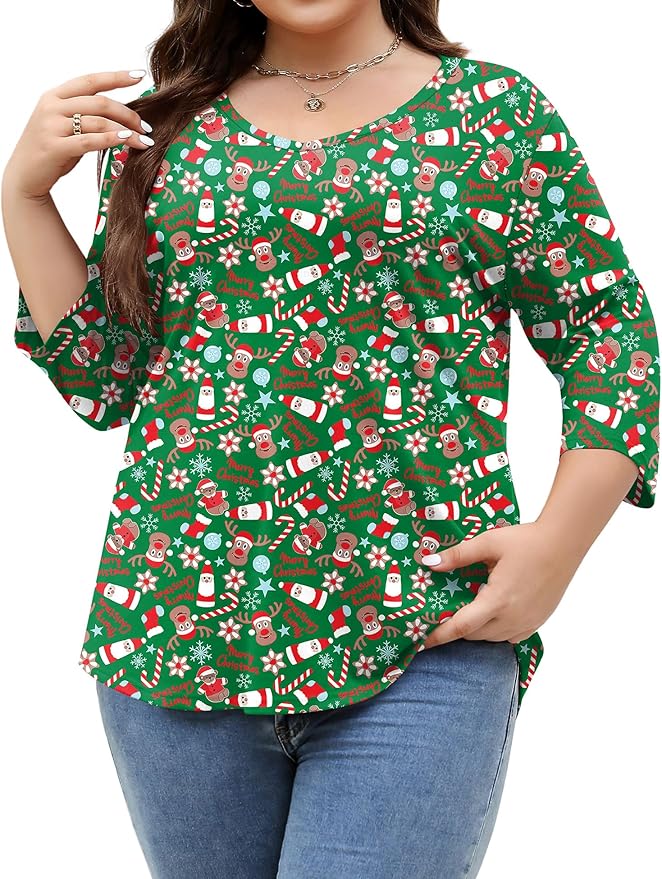 TFSDOD Womens Plus Size Tops V Neck T Shirts 3/4 Sleeve Blouse Summer Casual Tees XL-5X
