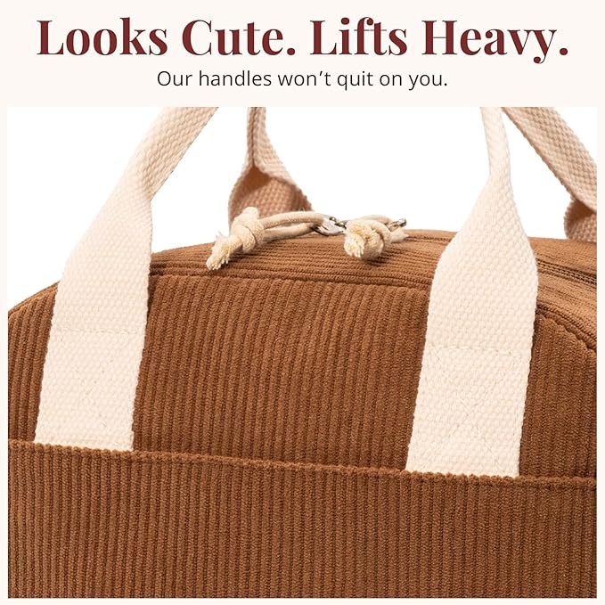 Insulated Brown Sugar Lunch Bag for Women, Stylish Corduroy Tote with Aluminum Lining, Large Capacity Reusable Cooler for Work, Travel, or Beach, Beige Cream Water-Resistant Lunch Box