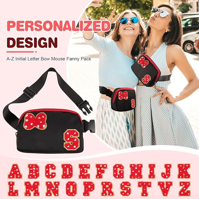 Initial Letter Bow Mouse-Ear Fanny Pack for Teen Girls,Cute Chenille Belt Bag Crossbody Travel Waist Pack for Women&Kids,Personalized Gift for Theme Park,School & Travel, Birthday Christmas(S)