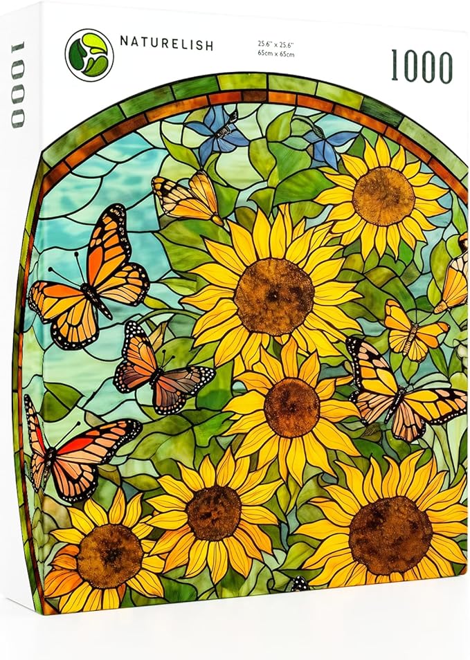 Naturelish Sunflower Stained Glass Puzzles Jigsaw for Adults 1000 Pieces, Brain Challenging Puzzle for Game Night, Family, Friends, Round Puzzles Diameter 25.6 in
