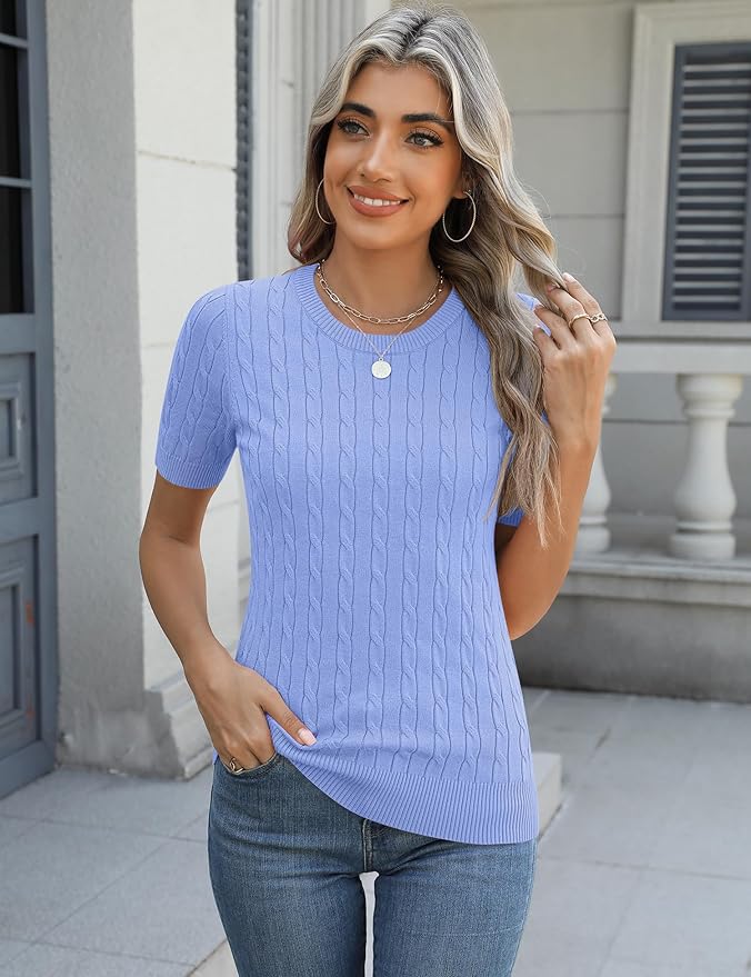 Micoson Womens Short Sleeve Cable Knit Sweater Tops Crewneck Lightweight Spring Summer Shirts Business Dressy Casual Outfits