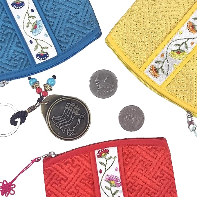 Seoulful Vintage Korean Embroidered Card Pouch - Wildflower Design Coin Purse with Butterfly Charm - Traditional Korean New Year's Gifts (Red)