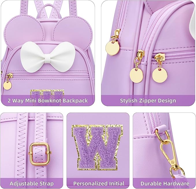 KKXIU Girls Initial Bowknot Cute Mini Backpack for Toddler, Travel Small Girl Backpacks, Personalized Valentine's Day Gifts for Little Girls and Kids(W, Purple)