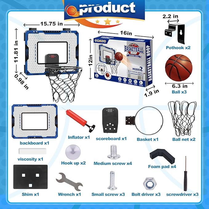 OCHIDO Indoor Basketball Hoop for Kids Age 5-10, with Electronic Scoreboard & 3 Balls - Over The Door Mini Hoop for Boys' Birthday