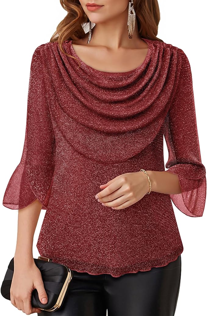 Lotusmile Blouses for Women Dressy Casual 3/4 Sleeve Cowl Neck Sparkly Tops Cocktail Shirts for Evening Party
