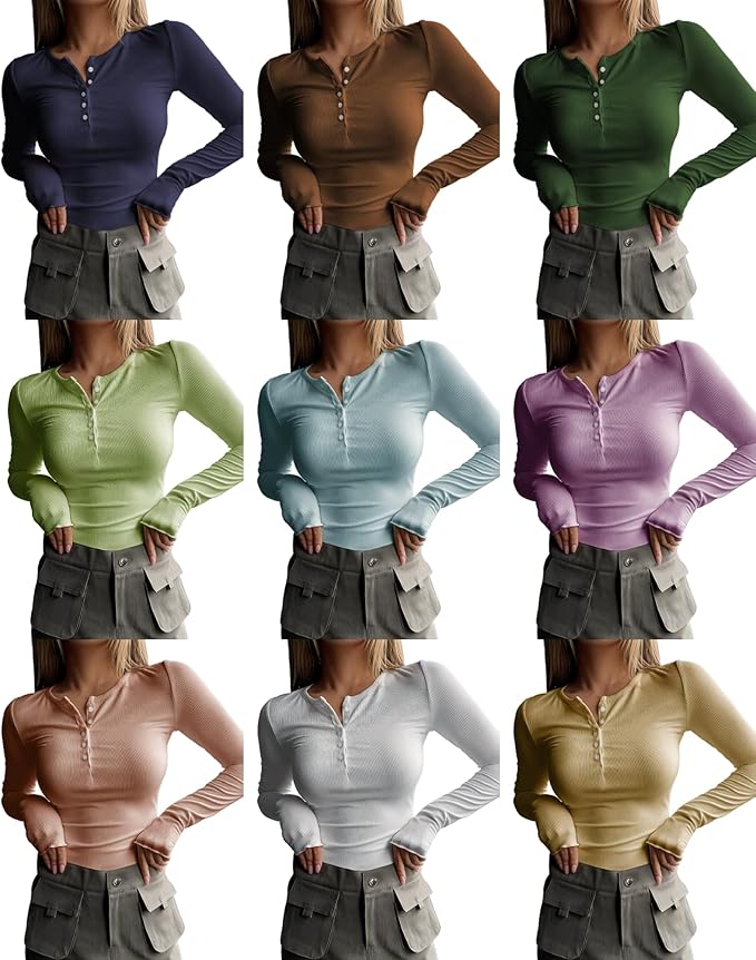 MARSVOVO Fashion Crop Tops for Women Scoop Neck Button Comfy Ribbed Slim Fit Cute Shirts Casual Party Fall Tops