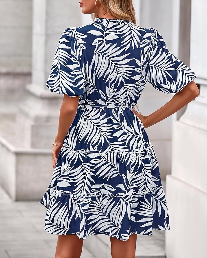 BTFBM Women Summer Floral Short Dresses V Neck Short Sleeve Tiered Ruffle Boho Swing Dress A-Line Mini Dresses