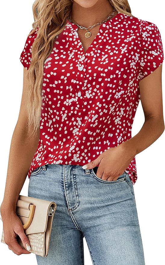 Blooming Jelly Women's Dressy Casual Tops Business Work Blouses White Button Down Shirts Cap Sleeve V Neck Tshirt