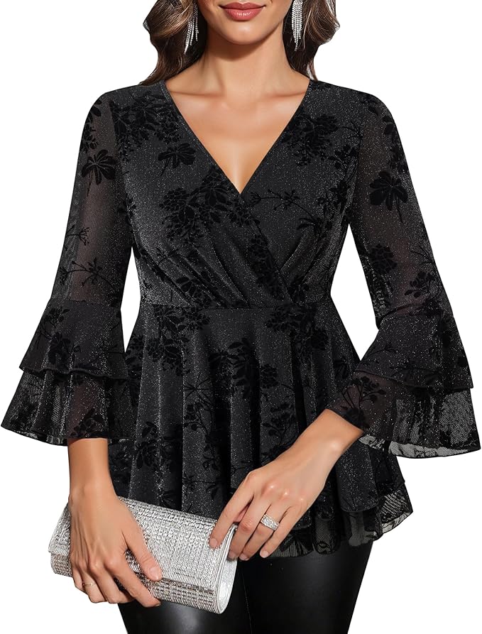 Lotusmile Women's Dressy Blouses Ruffle 3/4 Sleeve Peplum Sparkly Tops