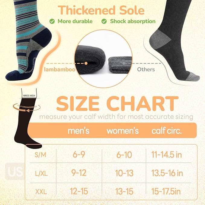 Merino Wool Compression Socks for Women Men, 15-20 mmHg Knee High Socks for Flying, Travel, Running