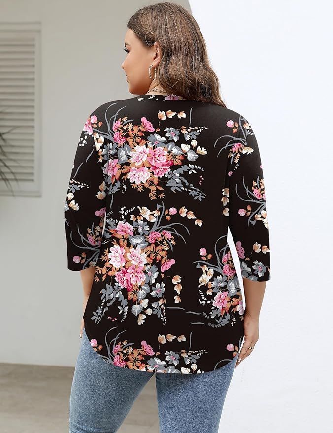 TFSDOD Womens Plus Size Tops V Neck T Shirts 3/4 Sleeve Blouse Summer Casual Tees XL-5X
