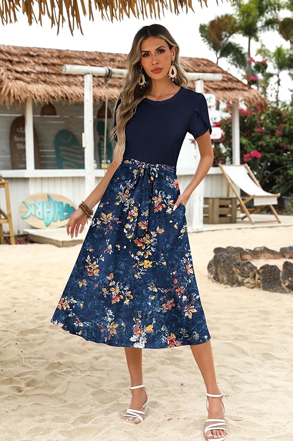 Zeagoo Womens Midi Dress Summer Short Sleeve Dress with Pockets 2025 Casual Floral T-Shirt Dress Flowy Beach Sundress