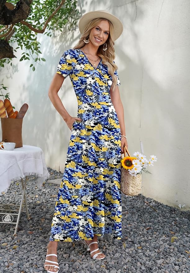 AUSELILY Maxi Dresses for Women Ankle Length Floral Print Beach Long Flowy Dress with Pockets