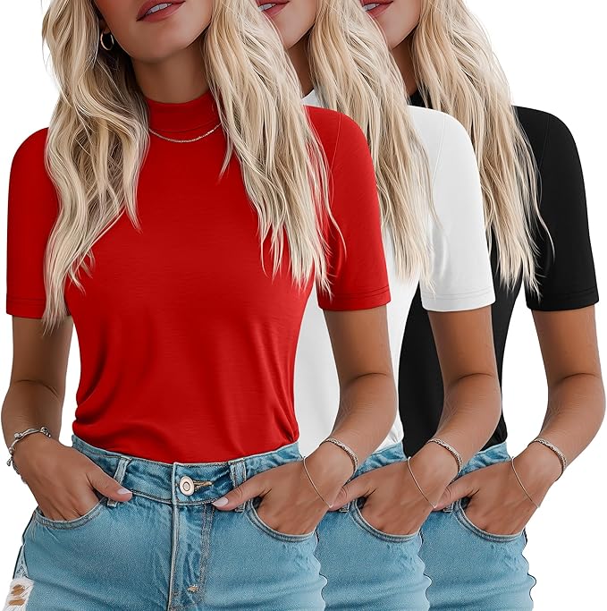 Ficerd 3 Pack Women's 1/2 Sleeve Mock Turtleneck Shirts, Elbow Length Shirt Half Sleeve Tunic Top Casual Summer Basic Tees